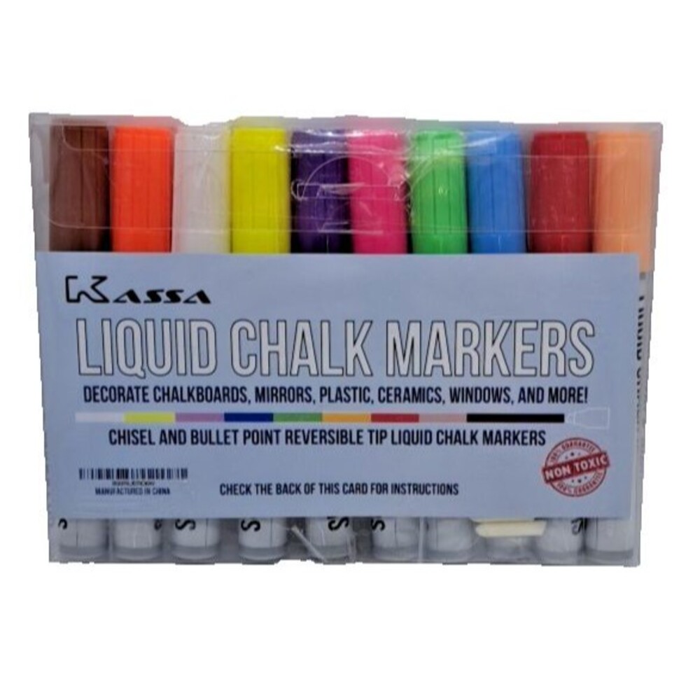 Kassa 10-Pack Neon Multicolor Chalk Markers Includes Bullet & Chisel Tips